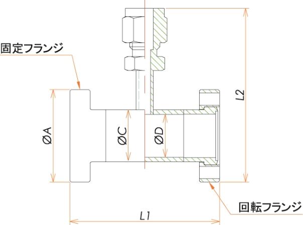 ICF34片側回転ニップル+1/4インチSwagelok® 寸法画像